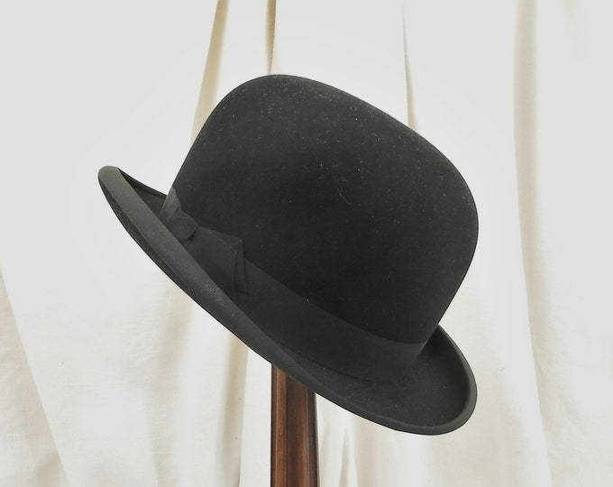 Antique French Barely Used Black Woolen Felt Bowler Hat made by Pineau in Paris, Original Head Wear from France, Brocante Vintage Clothing