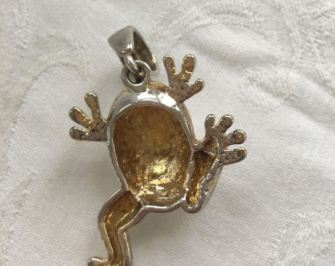 Sterling Frog Pendant, Silver Frog, Gold Wash Feet, Vintage Frog Figural Jewelry