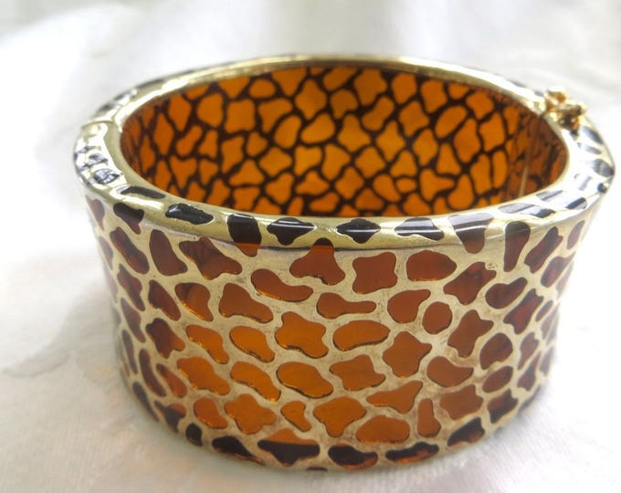 Vintage KJL Lucite Leopard Cuff Bracelet, Animal Print Hinged Bangle Bracelet, Designer Kenneth Lane Jewelry