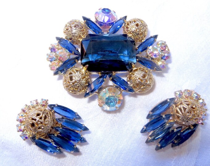Juliana Brooch Set, Vintage Rhinestone Pin, Clip Earrings, Juliana Demi Parure, Verified D & E, Vintage Juliana Jewelry Set