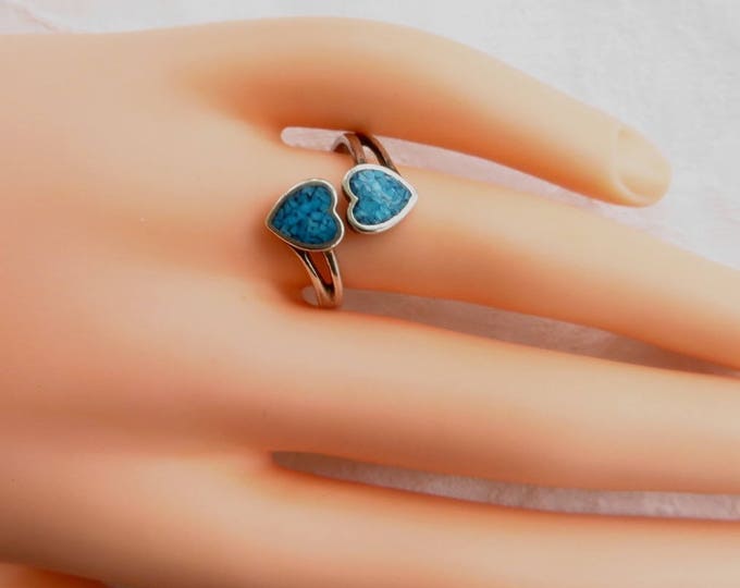 Sterling Turquoise Heart Ring, Double Turquoise Hearts, Southwest Style, Size 8