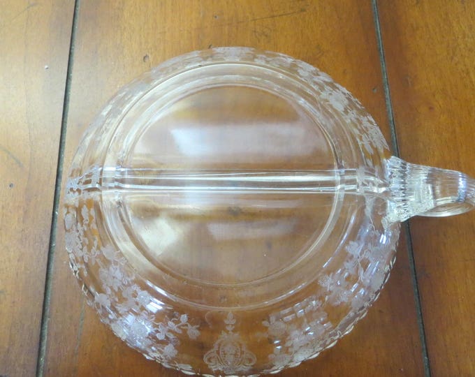 Cambridge Glass Rose Point Divided Dish, Vintage Etched Glass, Candy Dish, Serving Plate, Elegant Depression Glass