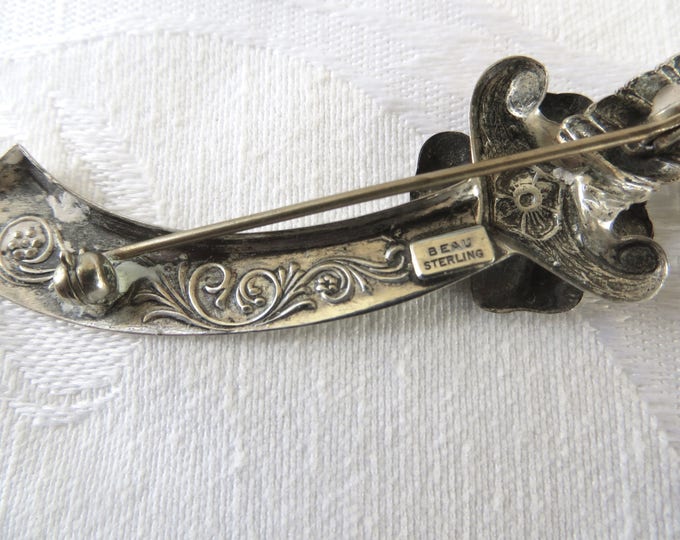 Vintage Scimitar Sword Brooch, Signed Beau Sterling Silver Pin, Silver Sword, Etched Blade
