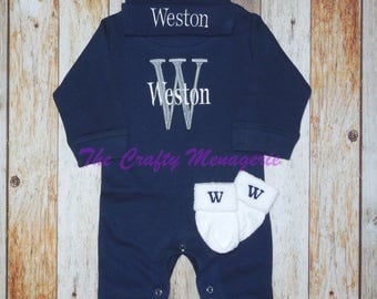 Baby Boy Coming Home Outfit, Boy Romper Coming Home Outfit, Baby Boy Layette, Personalized Boy Romper, WITH Hat, Optional Socks