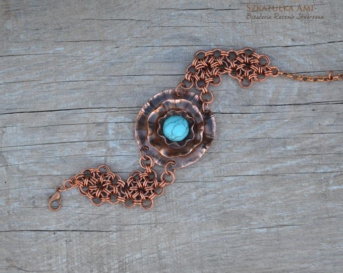 Copper bracelet flower blue copper bracelet women turquoise belt wheels technique chainmaille gift for her decorative metalwork bracelets
