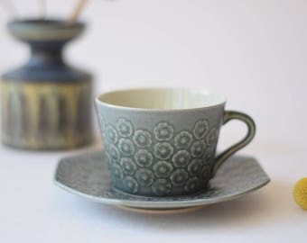Quistgaard - AZUR Blue - tea / coffee duo - octogonal shape - cup / saucer - Kronjyden / Nissen - Danish mid century tableware