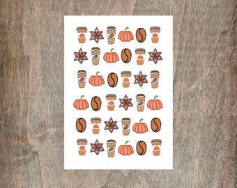 Pumpkin Spice Nail Transfers - Set Of 30 Mini Illustrated Pumpkin Spice Latte Coffee Nail Transfers - Cute Halloween Nail Sticker Decals