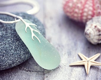 Beach Glass Necklace Sea Glass Jewelry Genuine Seaham Aqua Seafoam Waves Seaglass Pendant Silver Coral Aqua Blue Green Nautical Eco Friendly