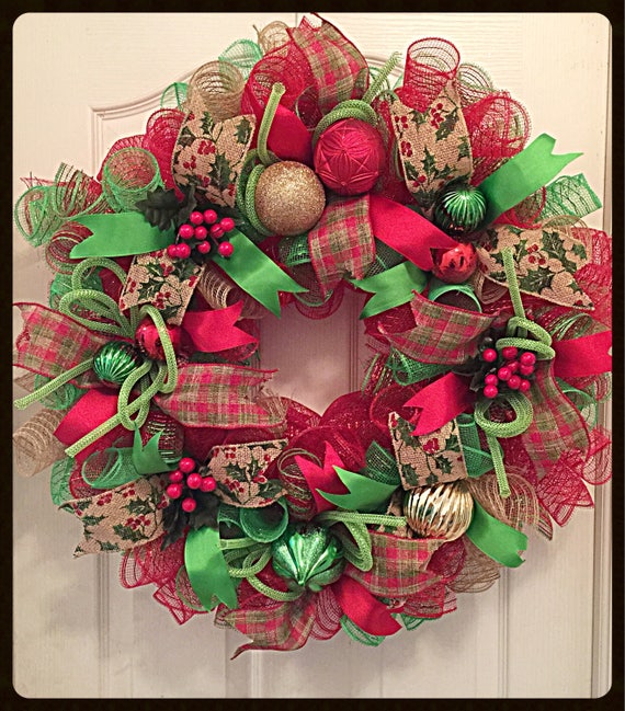 Country Christmas Burlap Deco Mesh Wreath/Christmas