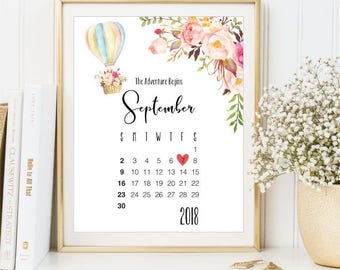 Due date The Adventure Begins Pregnancy Wedding Announcement Calendar sign Hot air Balloon printable art Watercolor Flower DIGITAL FILES PA4