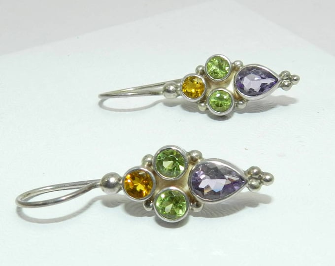 Vintage 925 sterling silver amethyst peridot citrine dangle drop earrings fashion minimalist gift for her jewelry jewellery
