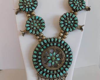 Navajo Sterling Silver Petit Point Turquoise Squash Blossom Necklace by J.M. Begay 170 Grams