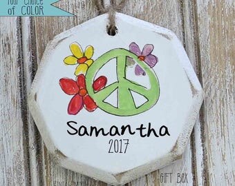personalized peace sign ornament, boho Christmas decor, custom ornaments, ornament exchange, boho Christmas, hippie Christmas