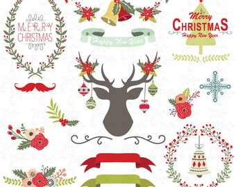 Christmas clip art "CHRISTMAS CLIPART"pack, Vintage Flowers, Christmas Deer, Christmas Ornament, Christmas Greeting, Christmas Wreaths CM032