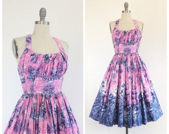 50s Pink & Purple Fairytale Print Cotton Dress / 1950s Vintage Novelty Print Day Dress / Small / Size 4 to 6