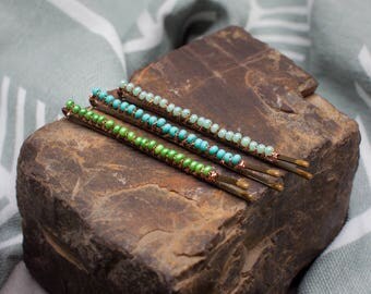 Beaded Bobby Pins, Hair Pins, Handmade Hair Accessories, Set of 3, Bridesmaids Gifts, Bachelorette Party, Summer Party