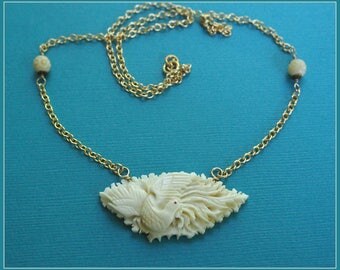 Vintage Carved Bone Chinese Phoenix Pendant Necklace - 14K Gold Filled Chain with Bone Beads