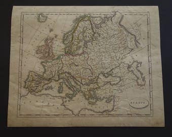 200+ years old map of Europe - Pinkerton 1804 hand colored print of European continent - original vintage maps