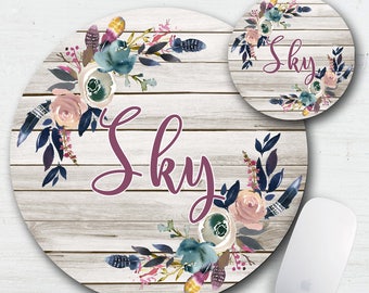 Boho Floral Country Mouse Pad Coaster Desk Set, Bohemian Feathers, Feather Floral, Wood Mouse Pad, Large Mouse Pad, Desk Pad, Mouse Mat Set