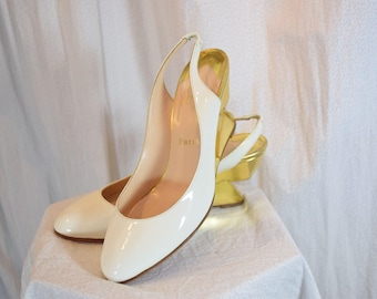 1990 Christian Louboutin Bridal Deco Wedge Cream Patent Leather Italy Gold