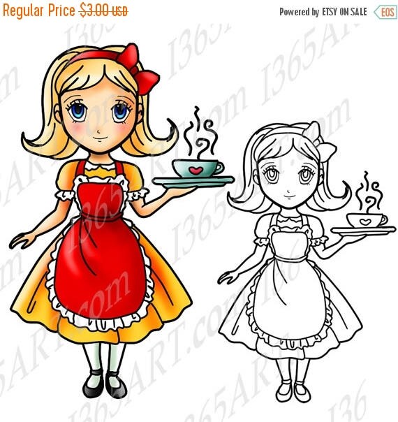 50% OFF Cafe girl clipart, Digital Stamp, Coloring Page, Clipart