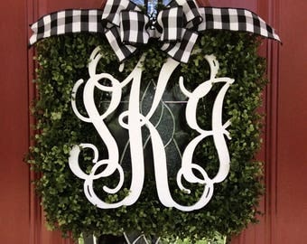 UV Stable Faux Square Or Round Boxwood Wreath with Monograms or Single Letter