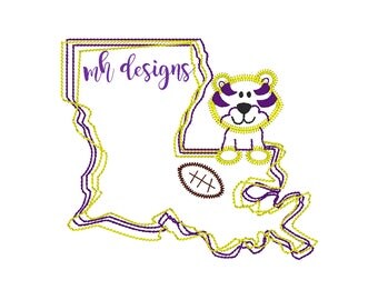 Louisiana State with Tiger and Football embroidery design, Vintage stitch tiger, Louisiana embroidery file, Bean stitch tiger