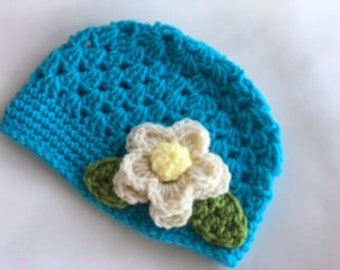 Turquoise crochet baby hat, winter hat, toddler hat, crochet infant hat with flower accent. Special order colors and sizes of your choice.