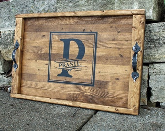 Personalized Tray Rustic Serving Tray Ottomon Tray Custom Monogram Tray Rustic Shower Gift for Mom Wedding Gift Last Name Established Tray
