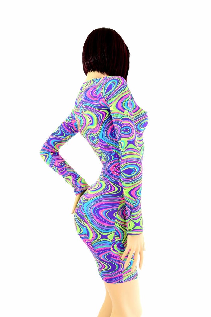 NEON UV Glow Worm Print Long Sleeve Bodycon Clubwear Party