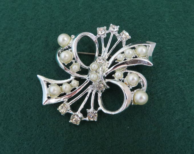 Vintage Faux Pearl Rhinestone Brooch, Corsage Brooch, Silvertone Flower Pin, 1960s Jewelry, Gift for Her