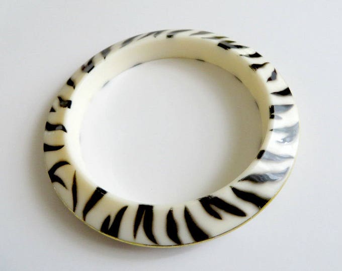 Lucite Bangles, Vintage Pasadena Jewelry Zebra Stripe, Cream Bracelets, Gold Edged Bangles, Gift for Her