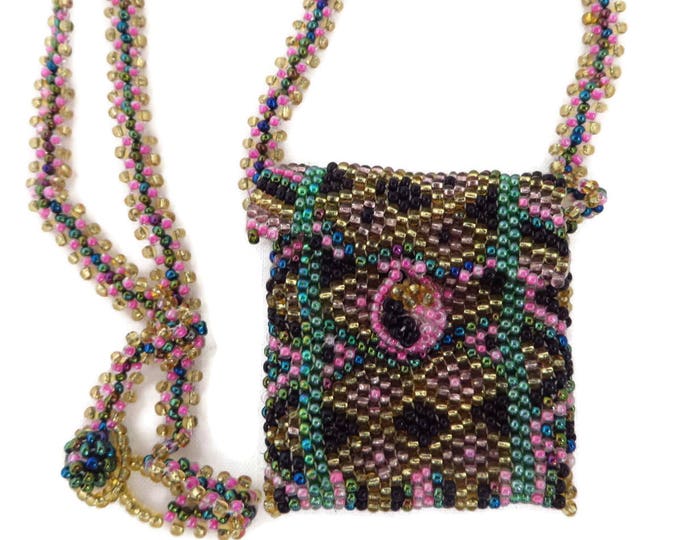 Beaded Mini Purse Necklace, Vintage Geometric Design Tiny Purse, Mini Handbag Pendant