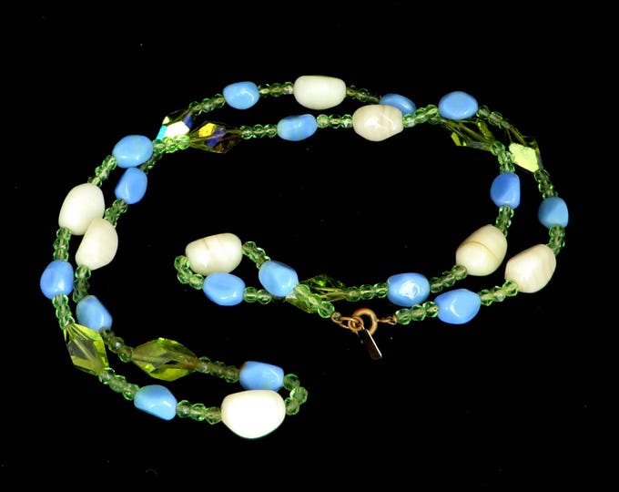 Signed Hattie Carnegie Necklace | Vintage Art Glass | Cream Blue Green Glass Beaded Necklace