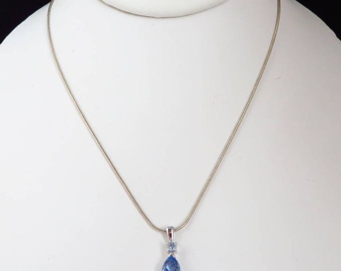 Blue Topaz Pendant Necklace, Vintage Sterling Silver Pear Shaped Drop Pendant Necklace