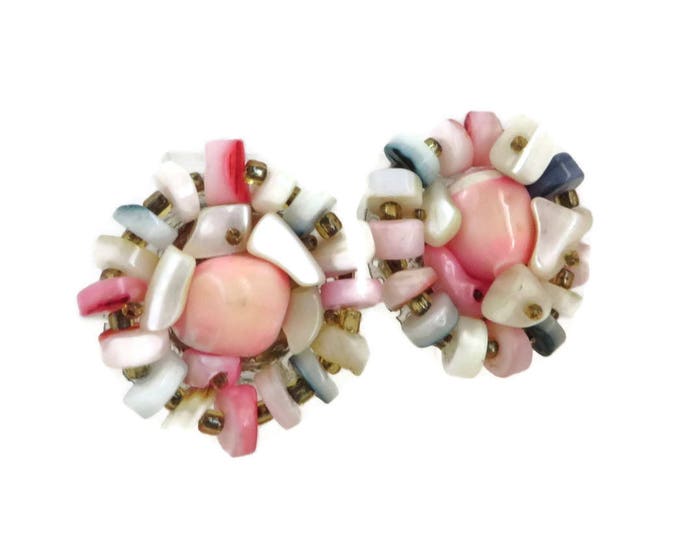 Pink Glass Japan Earrings, Vintage Shell and Glass Cluster Bead Clip-on Earrings, 1960s Jewelry