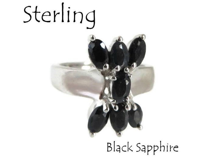 Sterling Silver - Black Sapphire Ring, Vintage Sapphire Ring, Sterling Silver Multistone Ring, Size 7