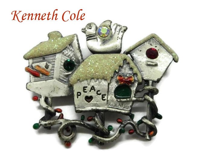 Vintage Brooch - KC Christmas Brooch, Dove Pin, Birdhouses Glitter Pin, Peace Brooch, Signed Kenneth Cole Brooch