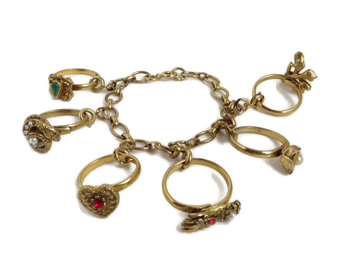 Vintage Charm Bracelet - Gold Tone Ring Charms Link Bracelet, Gift for Her