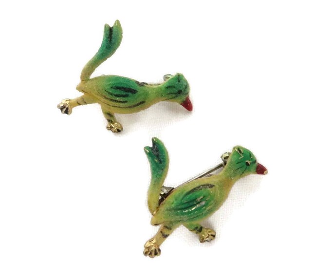 Roadrunner Brooches - Vintage 1950s Korea Green and Yellow Roadrunner Brooch Pair, Gift for Her