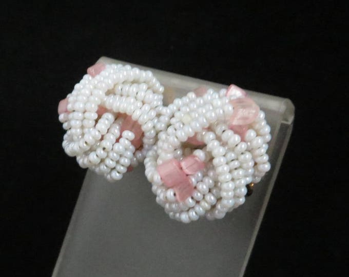 Italian White Bead Earrings - Vintage White & Pink Beaded Clip-on Earrings, Made in Italy, Gift for Her, Gift Boxed