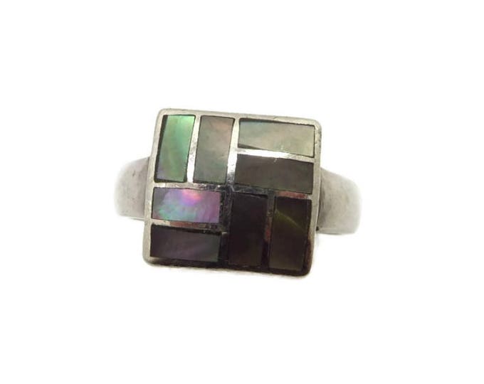 Sterling Silver Abalone Ring | Vintage Square Faced Inlay Ring | Size 8.5