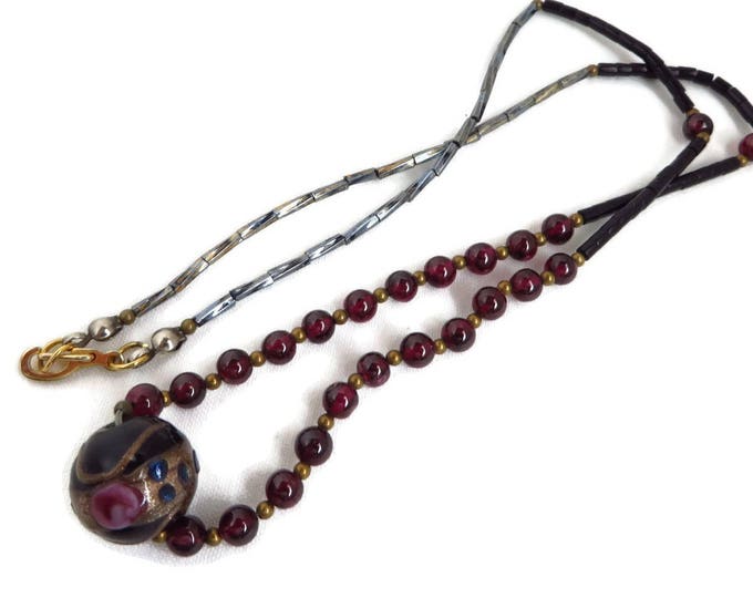 Vintage Purple Bead Necklace | Boho Bead Jewelry | Cloisonne Bead Silver Tone and Purple Necklace