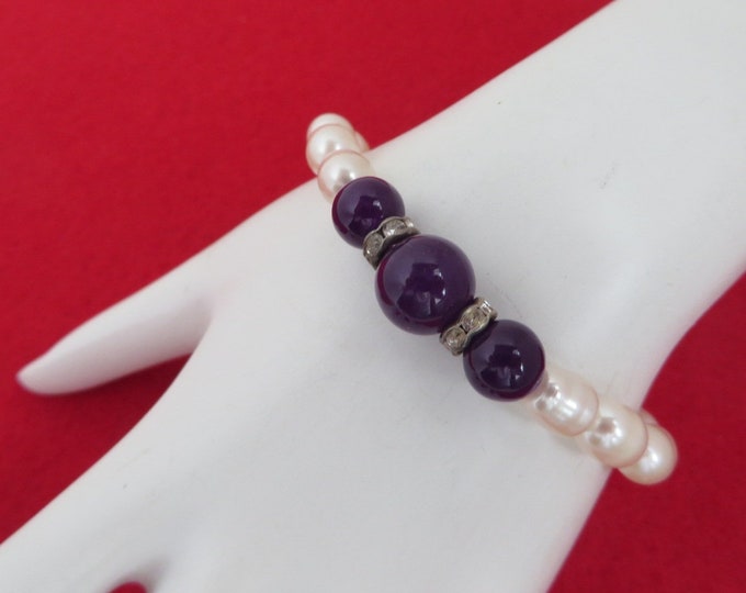 Vintage Pearl Stretch Bracelet, Purple Bead, Rhinestone Bracelet