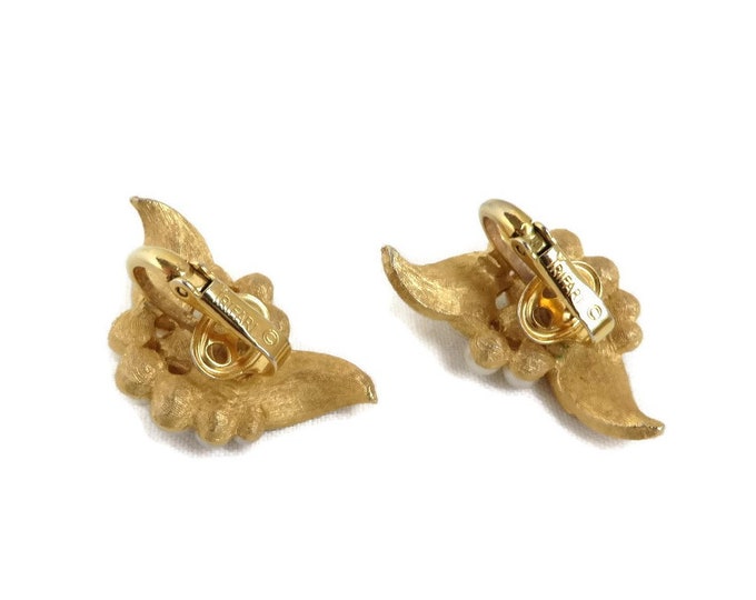Signed Trifari Earrings, Faux Pearl, Vintage Matte Gold Leaf Cluster Clip on Earrings, Crown Trifari Jewelry, Night Out Jewellery