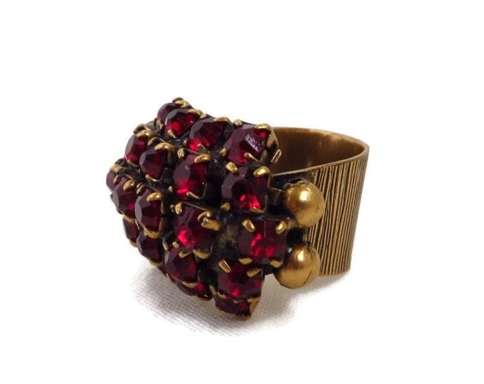 Rhinestone Ring, Vintage Ruby Rhinestone Ring, Gold Tone Wide Band Multi Stone Cocktail Ring, Adjustable Ring