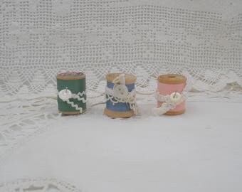 Vintage Wooden Spools of Thread-Set of Three- Blue, Green, Pink