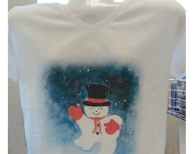 V-neck T-shirt SNOWMAN Gift; created just for gals by Pam Ponsart of Pam's Fab Photos featuring a watercolor reproduction