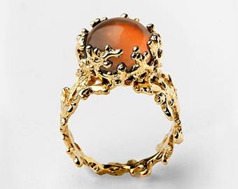 CORAL Baltic Amber Ring, Statement Ring, Gold Amber Ring, Gold Gemstone Ring, Natural Amber Ring, Unique Gold Ring, Gold Ring for Women