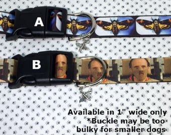Silence of the Lambs Hannibal Lecter themed 1" wide adjustable dog collar with Mothcharm LEASHES and key fobs AVAILABLE